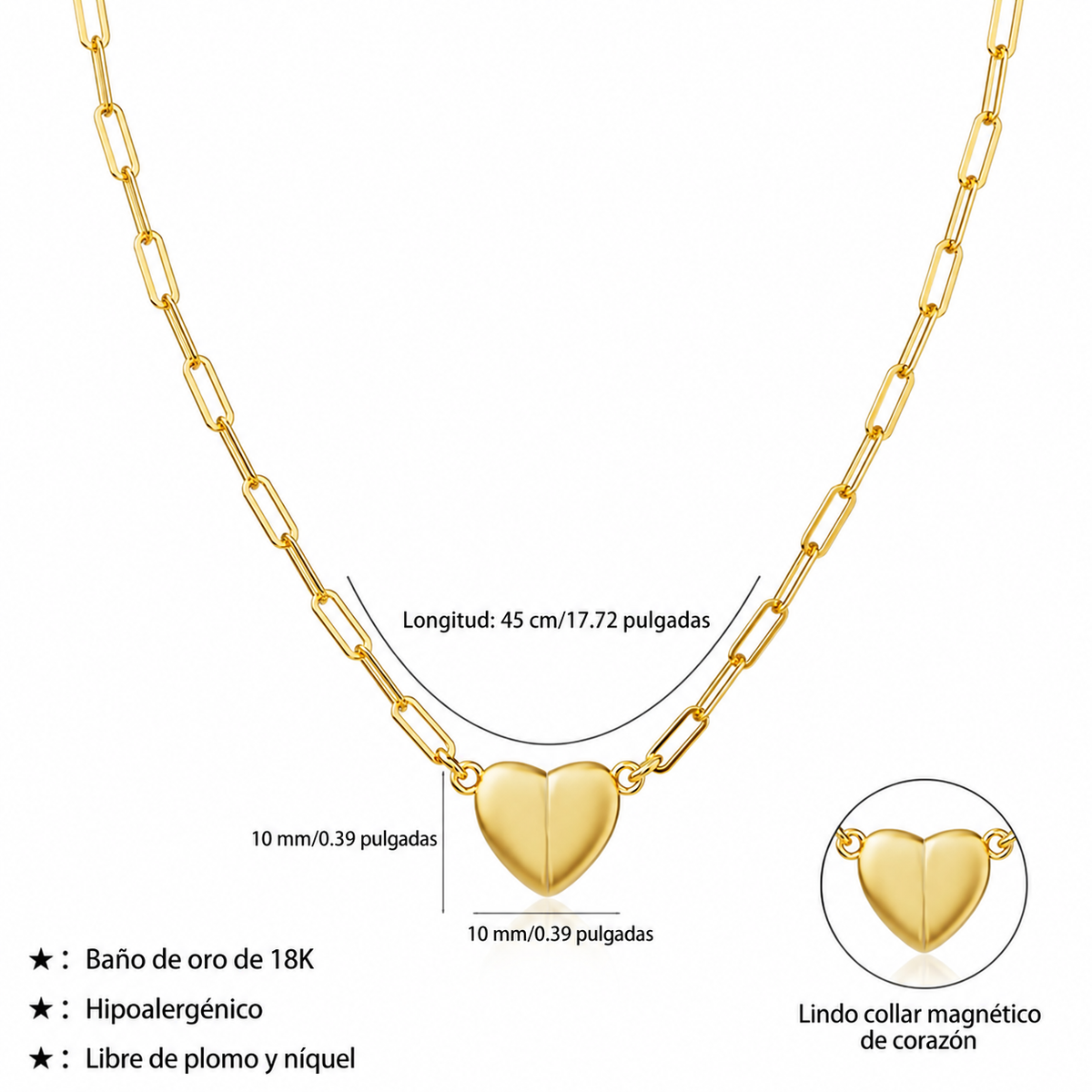 Collar Para Mujer de Corazón Magnético Bañado en Oro
