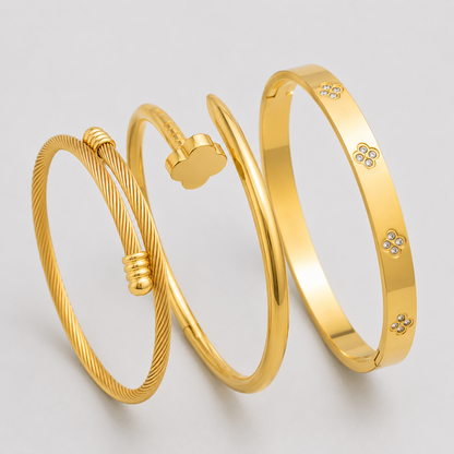 Conjunto de 3 Pulseras Florales Con Circonitas Cúbicas Chapadas En Oro