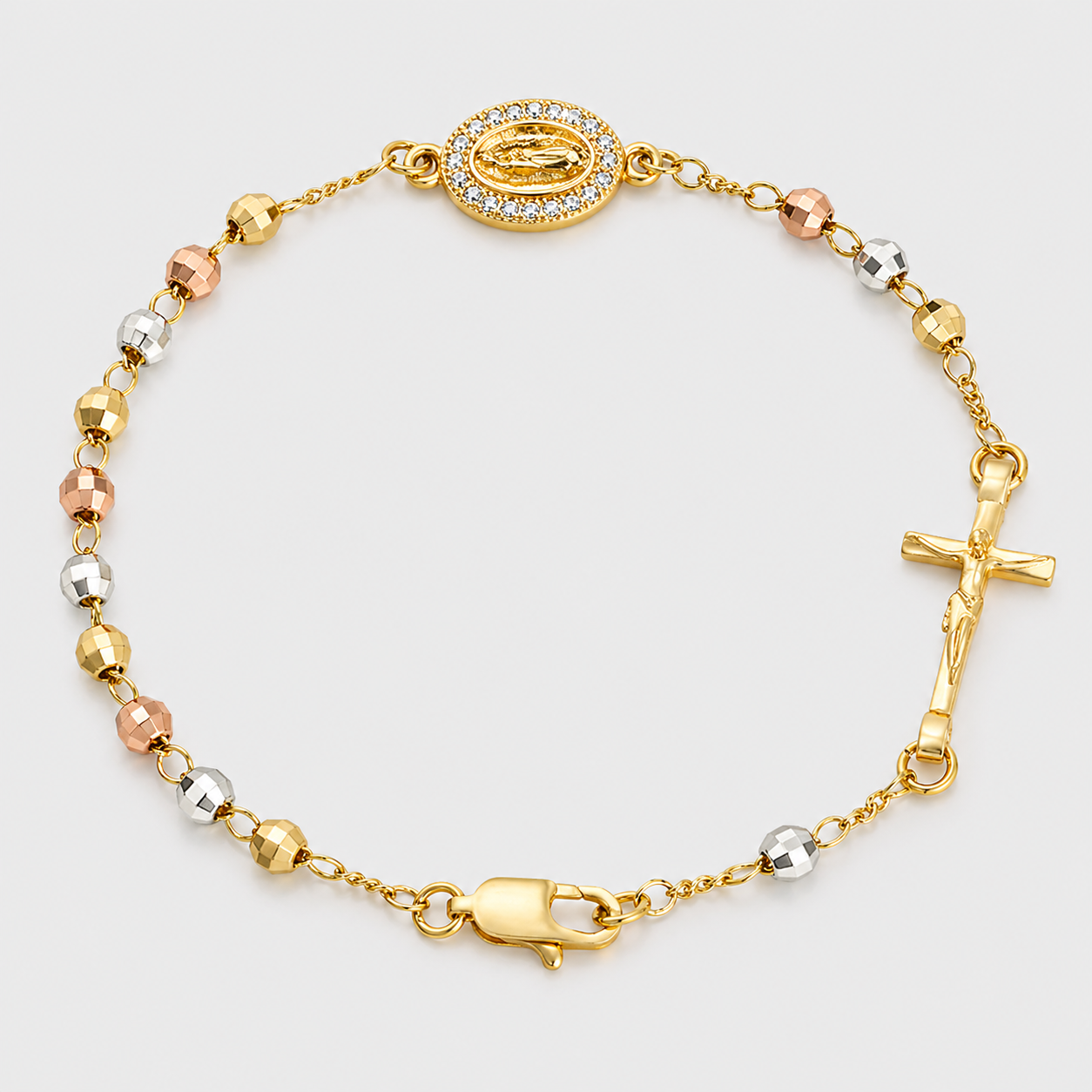 Pulsera de Cuentas Chapada en Oro Con la Imagen de la Virgen María