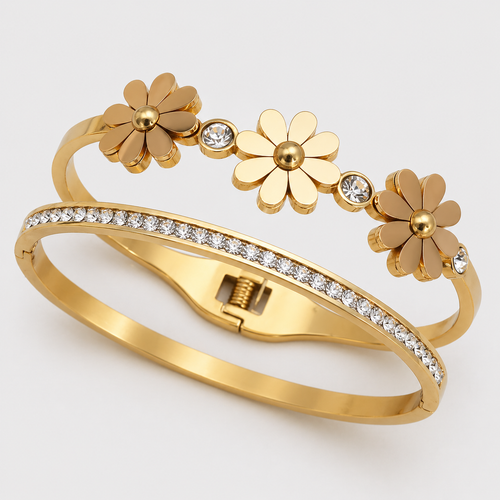Pulsera Doble Con Flor Chapada En Oro