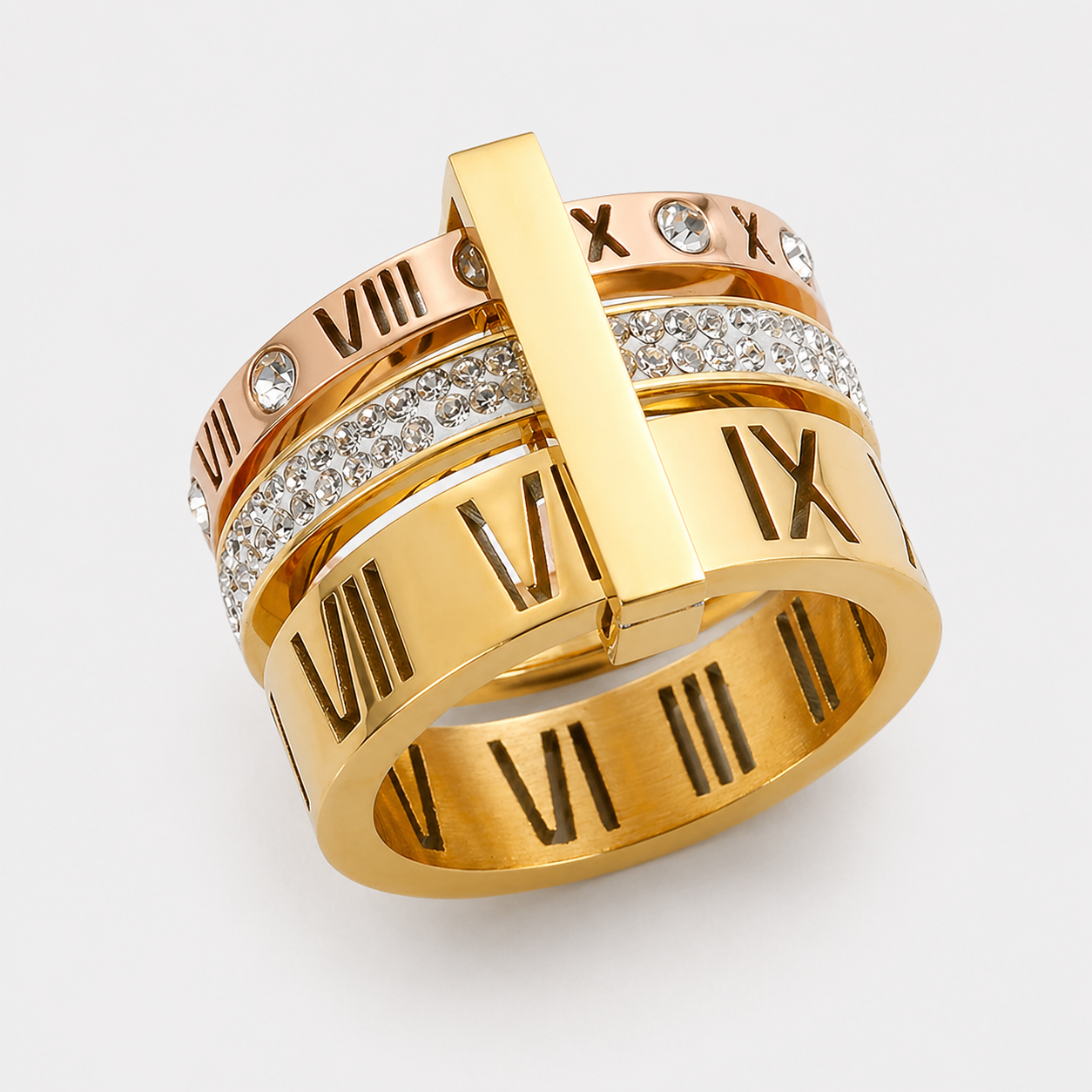 Anillo de Triple Banda Con Números Romanos Chapado en Oro