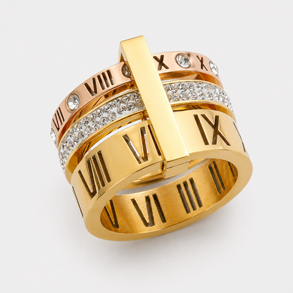 Anillo de Triple Banda Con Números Romanos Chapado en Oro