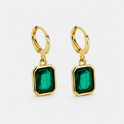 Pendiente Pequeño de Aro de Cristal Verde Chapado en Oro