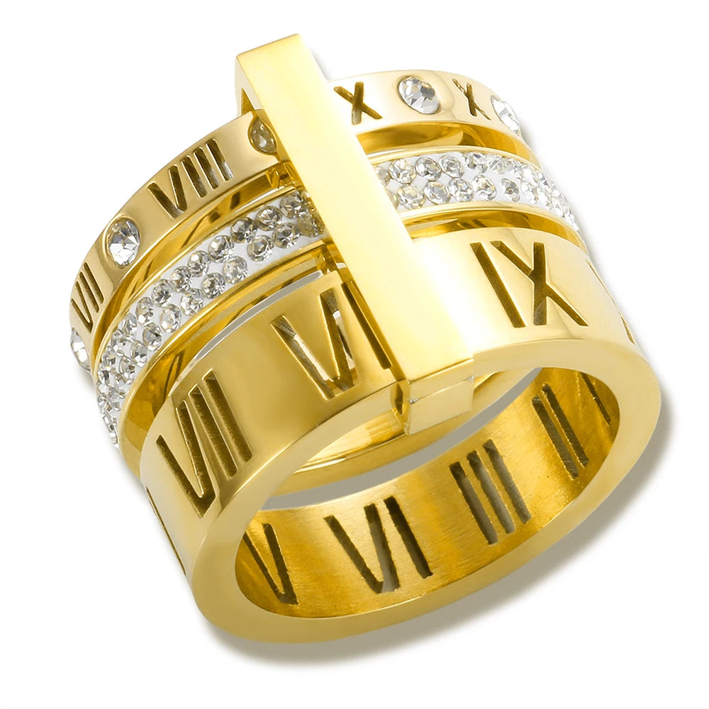 Anillo de Triple Banda Con Números Romanos Chapado en Oro