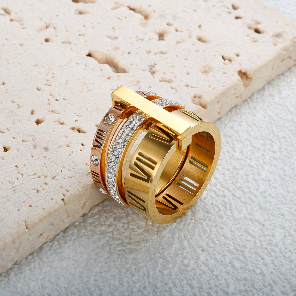 Anillo de Triple Banda Con Números Romanos Chapado en Oro