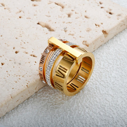 Anillo de Triple Banda Con Números Romanos Chapado en Oro