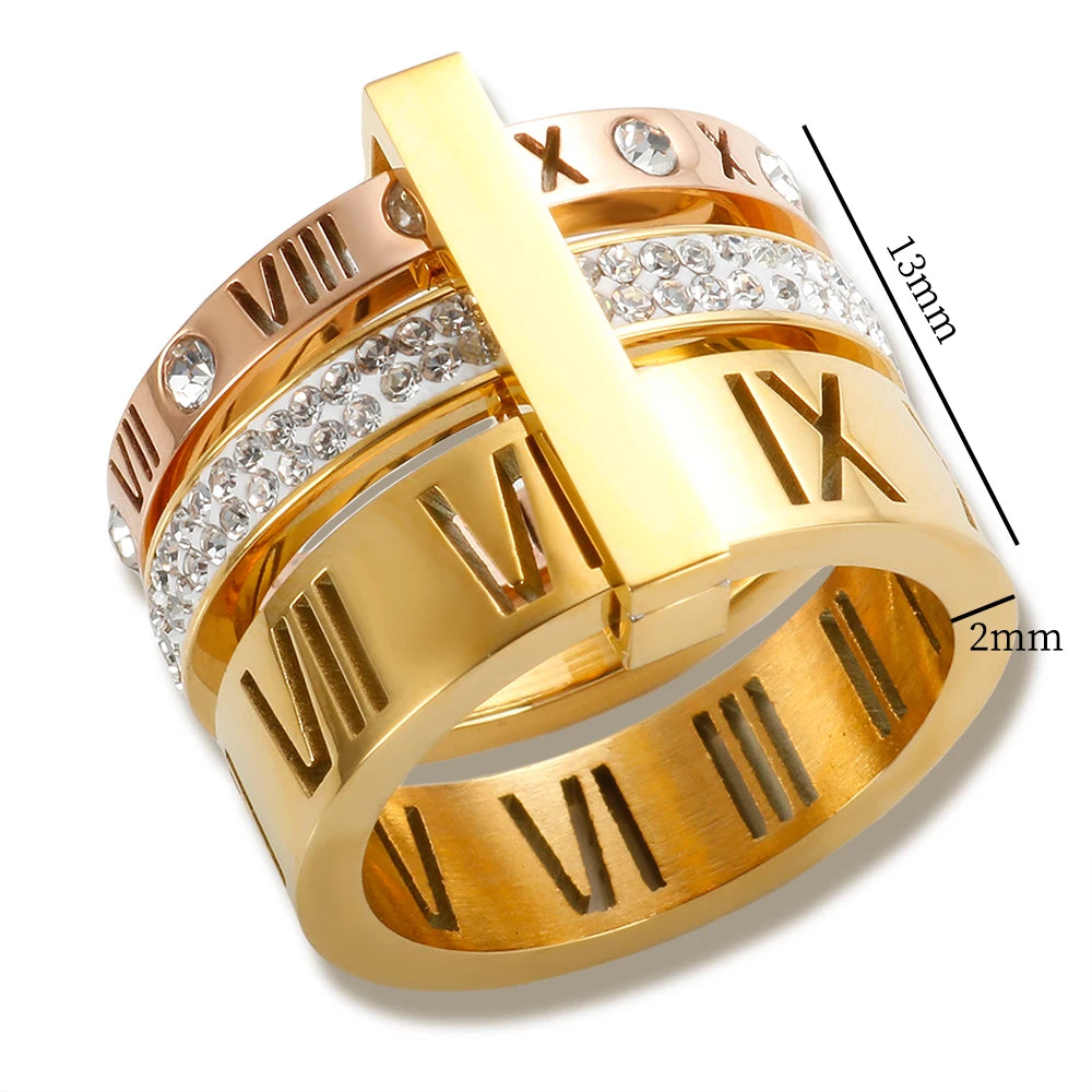 Anillo de Triple Banda Con Números Romanos Chapado en Oro