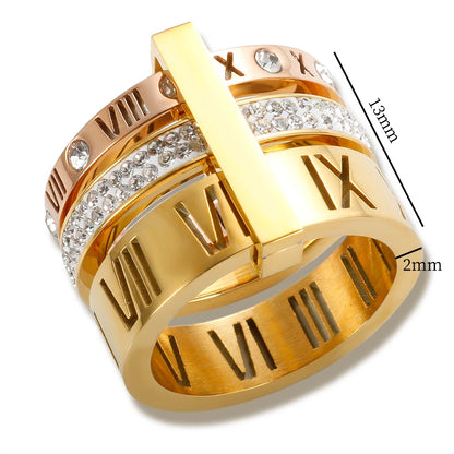 Anillo de Triple Banda Con Números Romanos Chapado en Oro