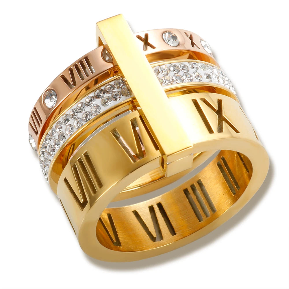 Anillo de Triple Banda Con Números Romanos Chapado en Oro