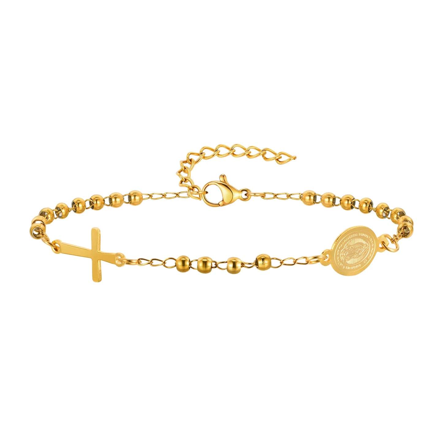 Pulsera de Cuentas Chapada en Oro Con la Imagen de la Virgen María
